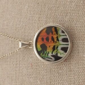 Butterfly Moth Rainbow Wings Reversible Pendant 18in Necklace Sterling Dogtooth